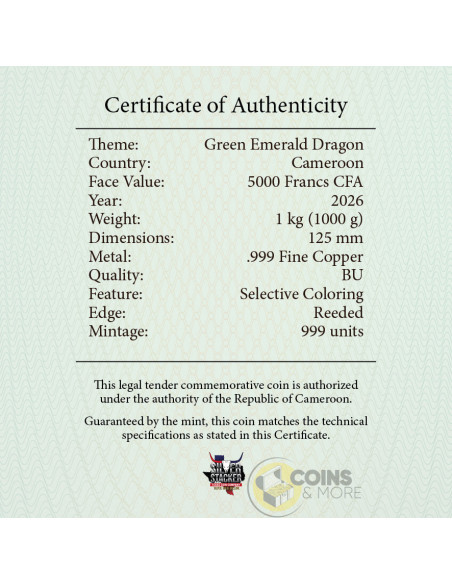 GREEN EMERALD DRAGON 1Kg Kilo Copper Medal 2026 - Coins & More - Cobre