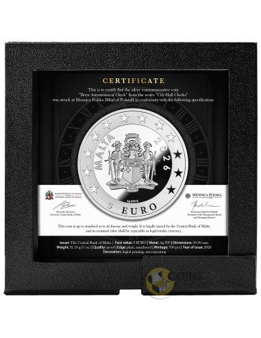 BERN City Hall Clocks 1 Oz Silver Coin 5€ Euro Malta 2025 - Coins & More - Europe
