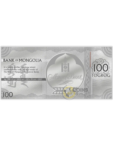 YEAR OF THE SHEEP Silver Note 100 Togorog Mongolia 2027 - Coins & More - Próximamente