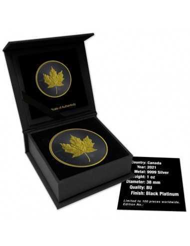 DARK BLACK PLATINUM Maple Leaf 1oz Silver Coin 5$ Canada 2021