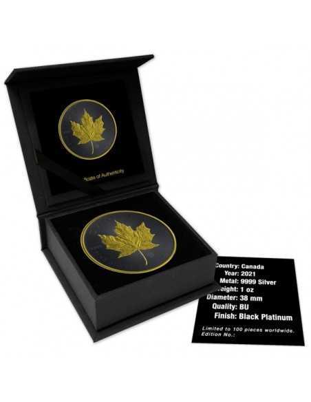 DARK BLACK PLATINUM Maple Leaf 1oz Silver Coin 5$ Canada 2021