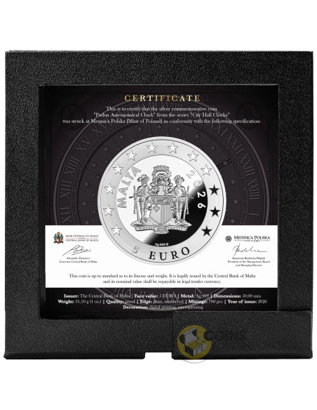 PADUA ASTRONOMICAL CLOCK City Hall Clocks 1 Oz Silver Coin 5€ Euro Malta 2026 - Coins & More - In Arrivo