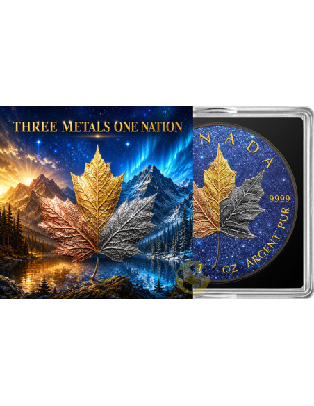 THREE METALS ONE NATION 1 Oz Silver Maple Leaf 2026 - Coins & More - Próximamente