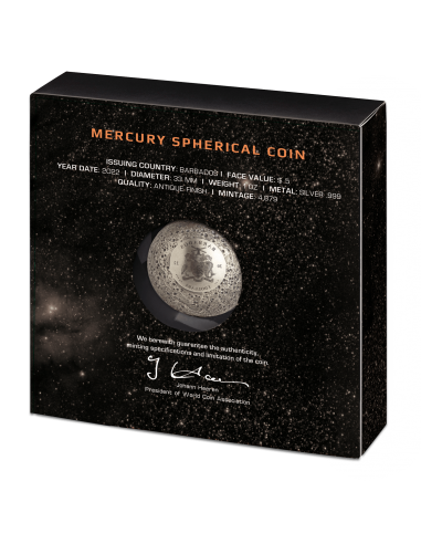 SPHERICAL MERCURY 3D Planet 1 Oz Silver Coin 5$ Barbados 2022 - Coins & More - Barbade