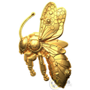 GOLD GILDED STEAMPUNK MECH BEE SHAPED 2 Oz Silver UV Coin 2000 Francs Cameroon 2027 - Coins & More - Coming Soon 2