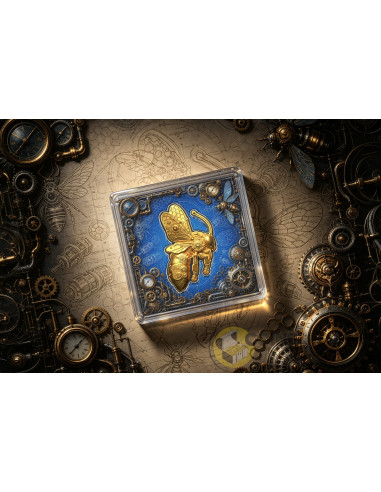 GOLD GILDED STEAMPUNK MECH BEE SHAPED 2 Oz Silver UV Coin 2000 Francs Cameroon 2027 - Coins & More - Coming Soon