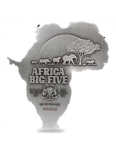AFRICA BIG FIVE SHAPED Silver Antiqued 1 Oz Coin 5000 Francs Chad 2022 - Coins & More - Naturaleza y Animales