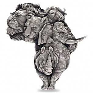 AFRICA BIG FIVE SHAPED Silver Antiqued 1 Oz Coin 5000 Francs Chad 2022 - Coins & More - Naturaleza y Animales
