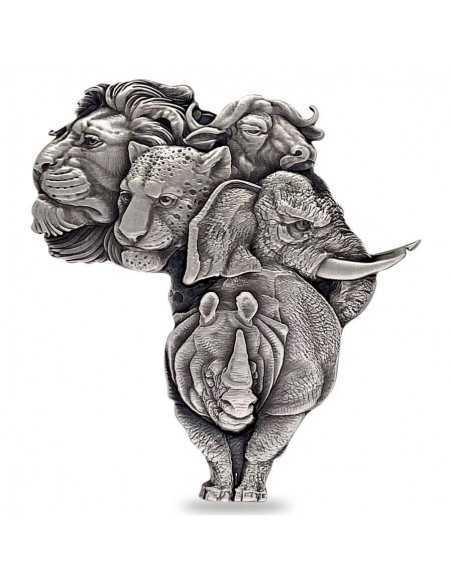 AFRICA BIG FIVE SHAPED Silver Antiqued 1 Oz Coin 5000 Francs Chad 2022 - Coins & More - Naturaleza y Animales