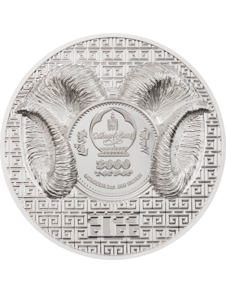 MAGNIFICENT ARGALI Wild Mongolia Ram 3 Oz Silver Coin 2000 Togrog Mongolia 2022 - Coins & More - Mongolia