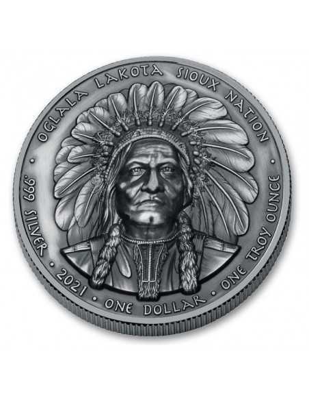 SITTING BULL Antique 1 Oz Silver Coin 1$ Sioux Nation 2021 - Coins & More - Personalità