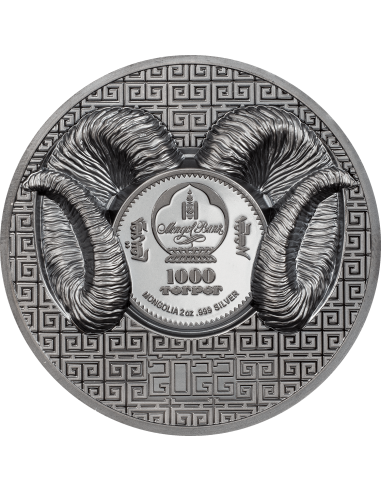 MAGNIFICENT ARGALI Wild Mongolia Ram 2 Oz Silver Black Proof Coin 1000 Togrog Mongolia 2022 - Coins & More - Mongolia
