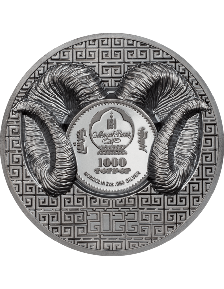 MAGNIFICENT ARGALI Wild Mongolia Ram 2 Oz Silver Black Proof Coin 1000 Togrog Mongolia 2022 - Coins & More - Mongolia
