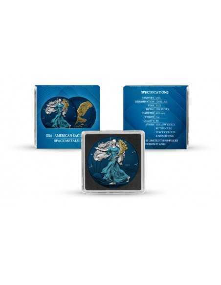 SILVER EAGLE - SPACE METALS III Edition 1 Oz Silver Ruthenium and Gold Coin 1$ Dollar USA 2022 - Coins & More - Usa