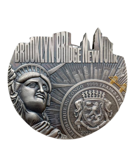 BROOKLYN BRIDGE World Famous Bridges Shaped 5 Oz Silver Coin 5000 Francs Congo 2022 - Coins & More - Africa