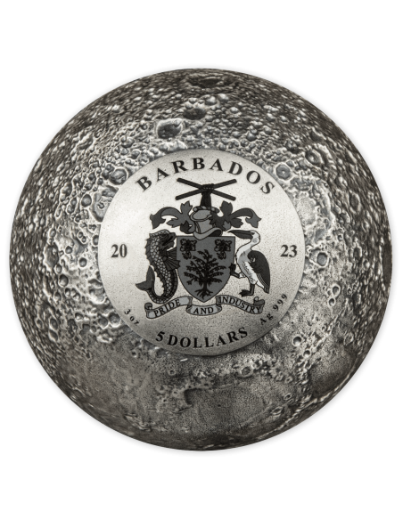 MOON SPHERICAL 3D Planet 3 Oz Silver Coin 5$ Barbados 2023 - Coins & More - Barbade