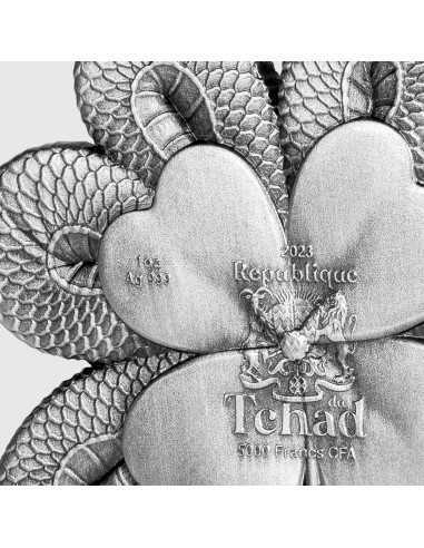 FOUR LEAF CLOVER DRAGON 1 Oz Silver Coin 5000 Francs Chad 2023 - Coins & More - Tchad