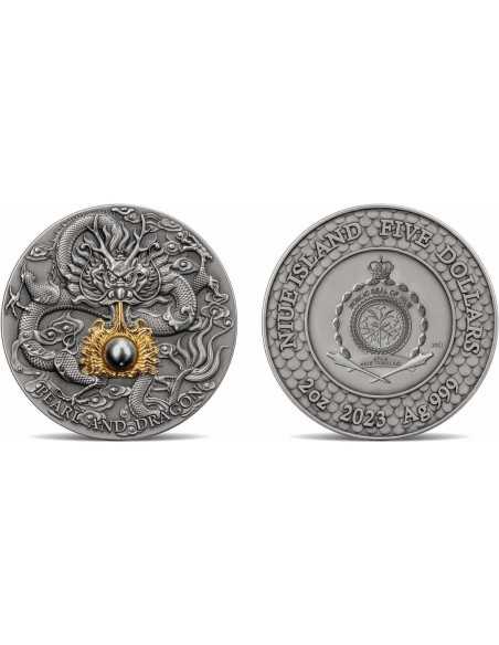 BLACK PEARL AND DRAGON Divine Pearls 2 Oz Silver Coin 5$ Niue 2023