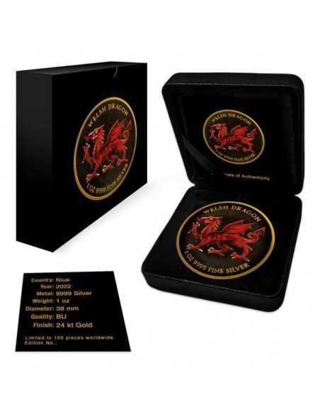 WELSH DRAGON Gold Gilded 1 Oz Silver Coin 2$ Niue 2022 - Coins & More - Niue