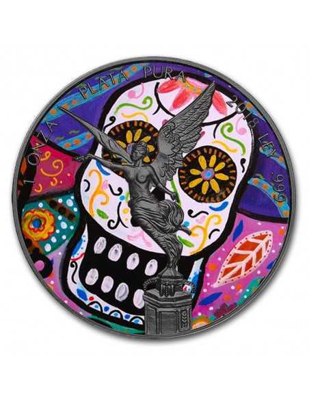 SUGAR SKULL MEXICAN FOLK ART 1 Oz Silver & Ruthenium plated Libertad coin Mexico 2018 - Coins & More - Messico