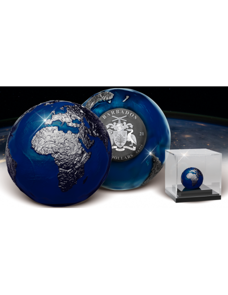 BLUE MARBLE AT NIGHT PLANET EARTH 3 Oz Spherical Silver Coin with Blue Enamel 5$ Barbados 2021 - Coins & More - Barbados