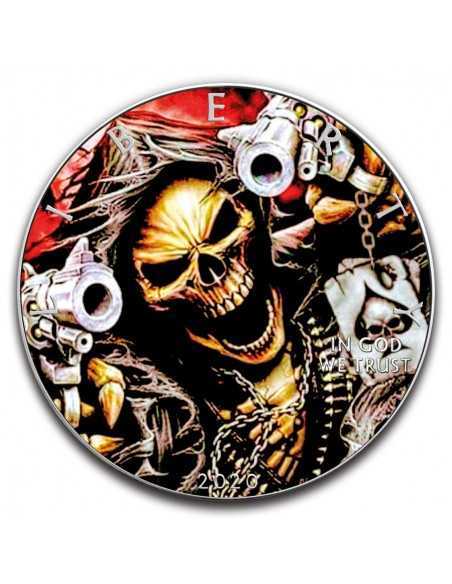 OUTLAW SKULL WITH REVOLVERS 1 Oz Silver Colorized coin 1$ Silver Eagle 2020 - Coins & More - Usa