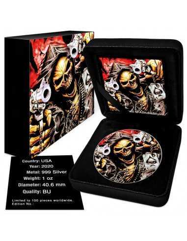 OUTLAW SKULL WITH REVOLVERS 1 Oz Silver Colorized coin 1$ Silver Eagle 2020 - Coins & More - Usa