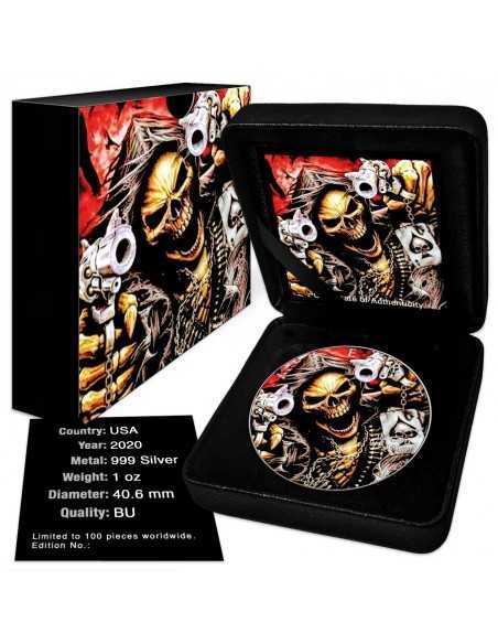 OUTLAW SKULL WITH REVOLVERS 1 Oz Silver Colorized coin 1$ Silver Eagle 2020 - Coins & More - Usa