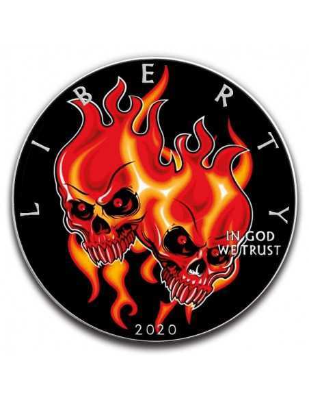BURNING TWIN SKULLS 1 Oz Silver Colorized coin 1$ Silver Eagle 2020 - Coins & More - Usa