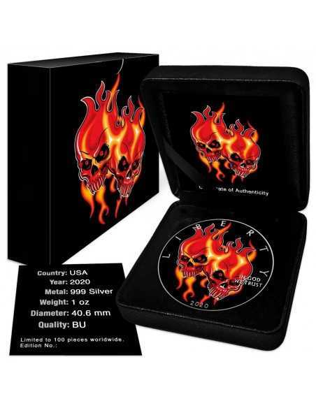 BURNING TWIN SKULLS 1 Oz Silver Colorized coin 1$ Silver Eagle 2020 - Coins & More - Usa