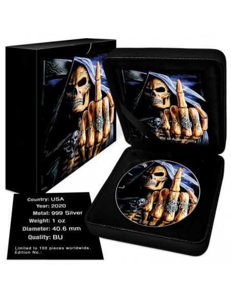 GRIM REAPER MANGUITO SKULL MIDDLE FINGER 1 Oz Silver Colorized coin 1$ USA 2020 - Coins & More - Usa