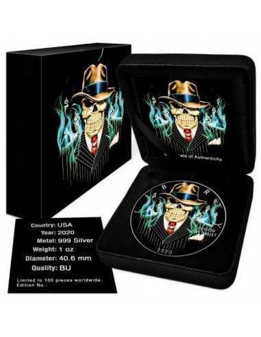 GANGSTER SKELETON 1 Oz Silver Colorized coin 1$ Silver Eagle 2020 - Coins & More - Usa