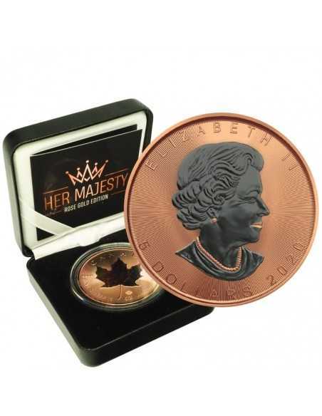 ROSE GOLD MAPLE LEAF - HER MAJESTY 1 Oz Silver & Ruthenium Coin 5$ Dollars Canada 2020