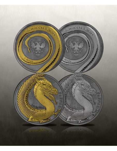 FAFNIR GEMINUS Dragon Antique Gilded Duo Set 2x1 Oz Silver Coin 5 Mark Germania 2020 - Coins & More - Europa