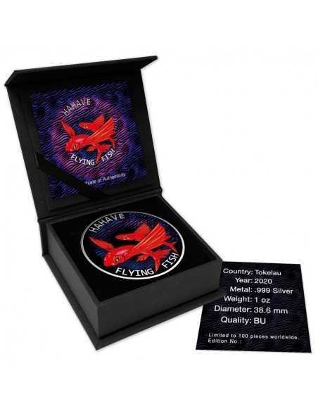 FLYING FISH HAHAVE RED COLORIZED 1 Oz Silver Coin 5$ Dollars Tokelau 2020 - Coins & More - Tokelau