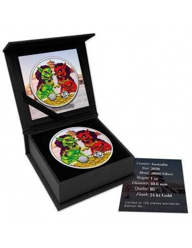DOUBLE PIXIU Guardian Lions 1 Oz Silver Colorized Coin 1$ Dollar Australia 2020 - Coins & More - Australia