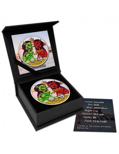 DOUBLE PIXIU Guardian Lions 1 Oz Silver Colorized Coin 1$ Dollar Australia 2020 - Coins & More - Australia