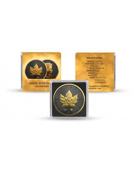 MAPLE LEAF - GOLDEN RING 1 Oz Silver Ruthenium & Gold Coin 5$ Dollar Maple Leaf 2021 - Coins & More - Canada