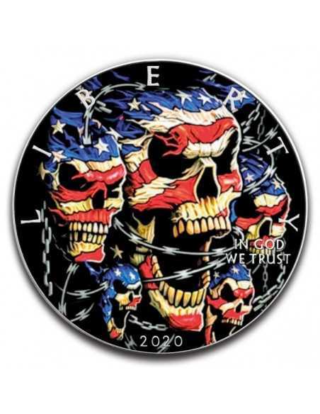 PATRIOTIC SKULLS 1 Oz Silver Colorized coin 1$ Silver Eagle USA 2020 - Coins & More - Usa