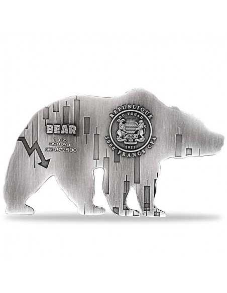 BEAR Shaped 1 Oz Silver Antique High Relief Coin 5000 Francs Chad 2021 - Coins & More - Tchad