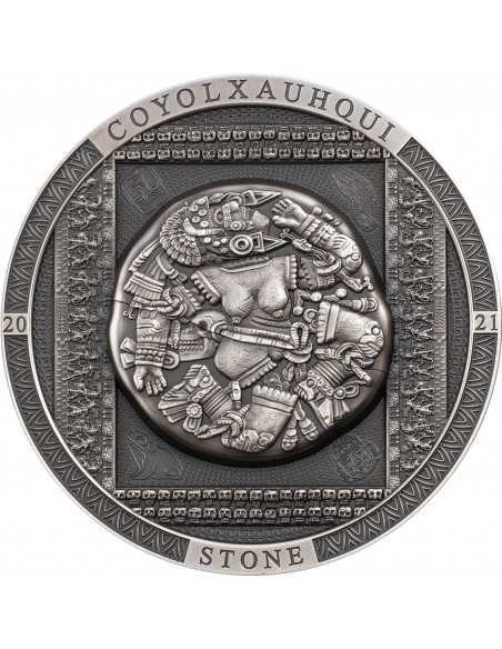 COYOLXAUHQUI STONE Antiqued Archeology Symbolism 3 Oz Silver Coin 20$ Cook Island 2021 - Coins & More - Cook Islands