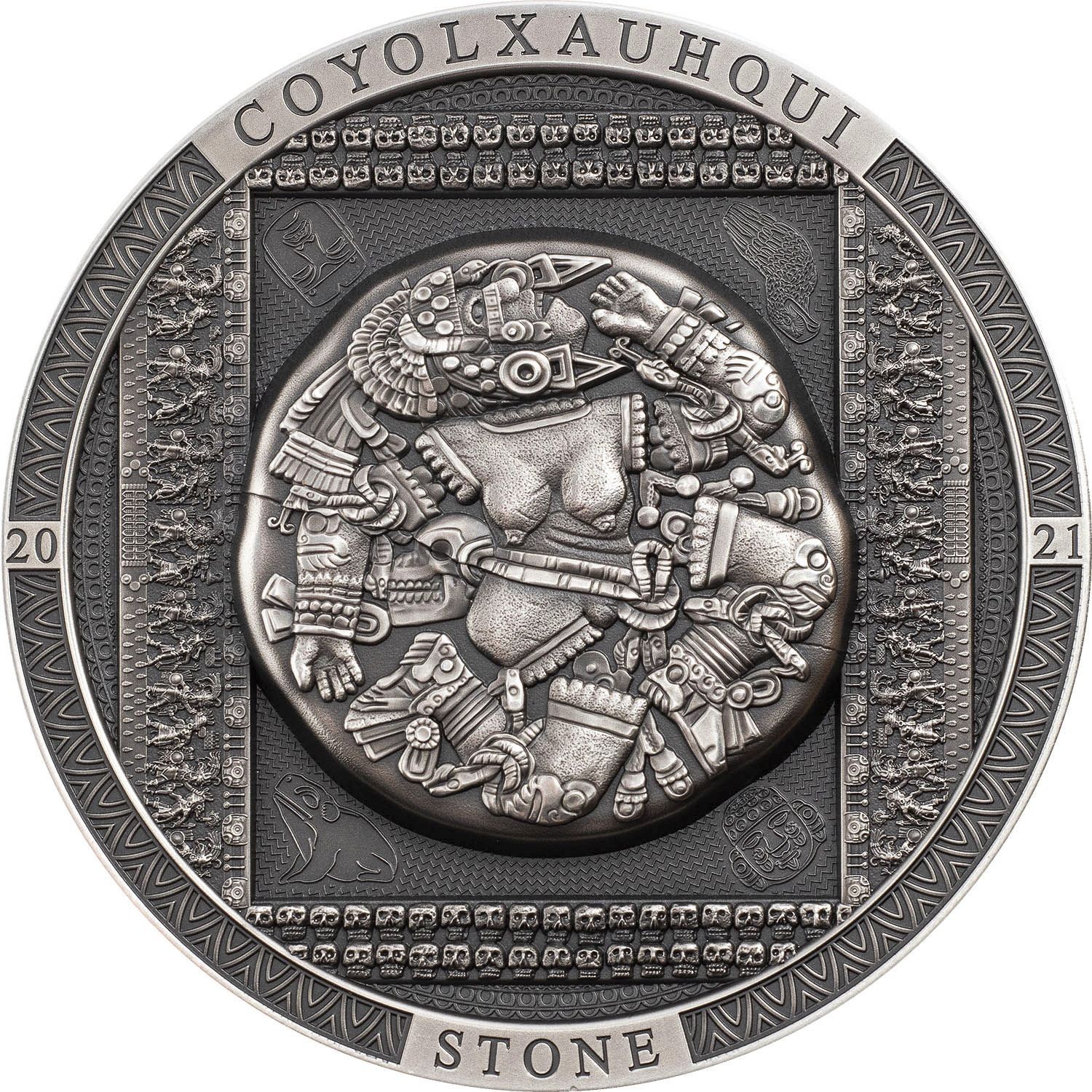 COYOLXAUHQUI STONE Antiqued Archeology Symbolism 3 Oz Silver Coin 2...