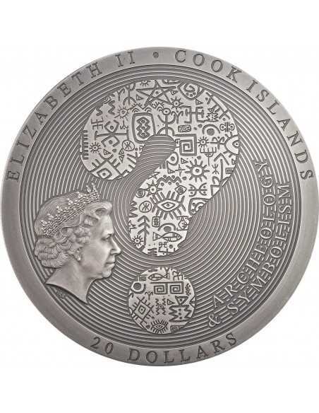 COYOLXAUHQUI STONE Antiqued Archeology Symbolism 3 Oz Silver Coin 20$ Cook Island 2021 - Coins & More - Cook Islands