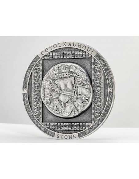 COYOLXAUHQUI STONE Antiqued Archeology Symbolism 3 Oz Silver Coin 20$ Cook Island 2021 - Coins & More - Cook Islands