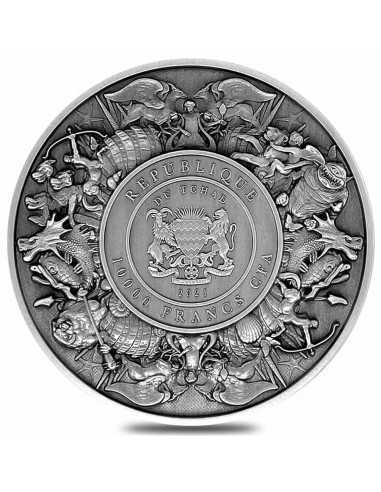 MERMAID AND UNICORN 2 Oz Silver Antique Coin 10000 Francs Chad 2021 - Coins & More - Chad