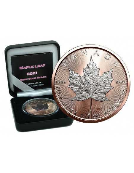 ROSE GOLD SPACE MAPLE LEAF 1 Oz Silver & Gold Coin 5$ Dollars Canada 2021 - Coins & More - Canada