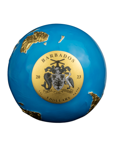 BLUE MARBLE Gold Gilded & Glow in the Dark Spherical 3 Oz Silver Coin 5$ Barbados 2023 - Coins & More - Barbade