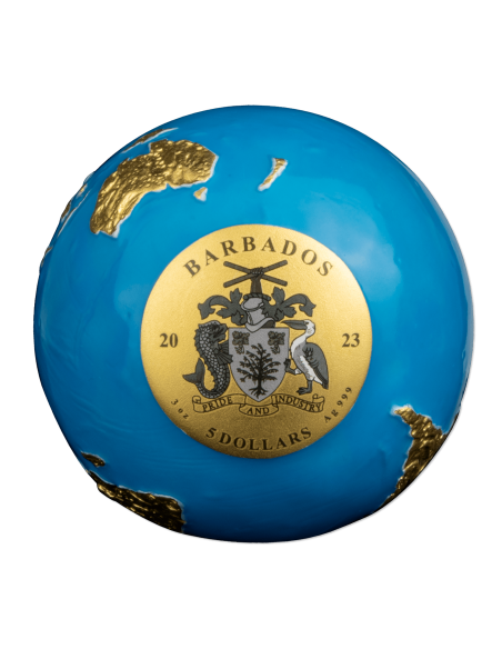 BLUE MARBLE Gold Gilded & Glow in the Dark Spherical 3 Oz Silver Coin 5$ Barbados 2023 - Coins & More - Barbade