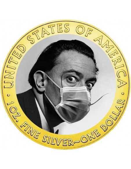 SALVADOR DALI FACE MASK CORONAVIRUS QUARANTINED ART 1 Oz Silver & Gold plated 1$ colorized coin USA 2020 - Coins & More - Usa