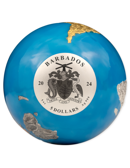 BLUE MARBLE Glow in the Dark Planet Earth 5 Oz Silver Coin 5$ Barbados 2024 - Coins & More - Barbados